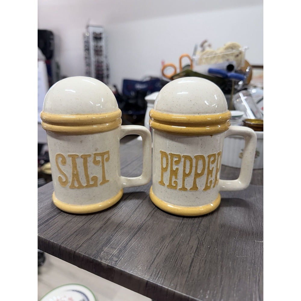 Vintage Large Ceramic Salt & Pepper Shakers Speckled Beige & Mustard Yellow 6in